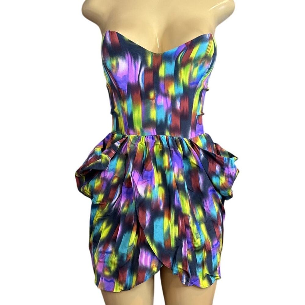 MYNE Ashley Ann Silk Strapless Mini Dress Bright Color Cutout Back Size 0